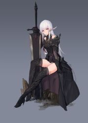 Rule 34 | 1girl, armor, armored boots, artist name, au ra, boots, breastplate, breasts, brown shirt, brown thighhighs, clothing cutout, dragon horns, final fantasy, final fantasy xiv, gauntlets, gradient background, greatsword, grey background, grey panties, hand up, high heel boots, high heels, highres, horns, huge weapon, long hair, looking at viewer, medium breasts, panties, pantyshot, pauldrons, plantar flexion, planted, purple eyes, shirt, shoulder armor, shoulder cutout, sitting, solo, swd3e2, sword, thigh boots, thighhighs, thighhighs under boots, thighs, underwear, waist cape, warrior of light (ff14), weapon, white hair