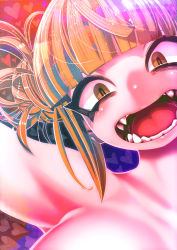 Rule 34 | 1girl, blonde hair, blunt bangs, boku no hero academia, breasts, breasts out, gradient background, hakkasame, highres, matching hair/eyes, medium breasts, messy hair, nude, open mouth, purple background, short hair, sidelocks, smile, solo, toga himiko, tongue, upper body, yellow eyes