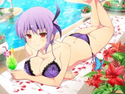 Rule 34 | 1girl, ass, ayane (doa), bare arms, bare shoulders, bikini, blush, breasts, bug, butt crack, butterfly, cleavage, cocktail, crossover, day, dead or alive, dead or alive xtreme, drink, feet up, flower, glint, hairband, headband, highres, holding, holding drink, insect, large breasts, legs up, looking at viewer, lying, official art, on stomach, outdoors, petals, pool, poolside, purple bikini, purple hair, red eyes, red flower, senran kagura, senran kagura new link, short hair, solo, swimsuit, the pose, yaegashi nan