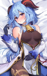 Rule 34 | 1girl, absurdres, ahoge, bare shoulders, bed sheet, bell, black gloves, blue hair, blush, bodysuit, breasts, brown bodysuit, commentary request, cowboy shot, detached sleeves, ganyu (genshin impact), genshin impact, gloves, hair between eyes, hand up, highres, horns, long hair, long sleeves, looking at viewer, lying, medium breasts, neck bell, on back, pantyhose, parted lips, pelvic curtain, racchi., red eyes, solo, upper body, very long hair, white sleeves