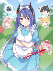Rule 34 | 1boy, 4girls, :&gt;, :3, :d, = =, ^ ^, alice (alice in wonderland), alice (alice in wonderland) (cosplay), alice in wonderland, animal ear fluff, animal ears, apron, arms under breasts, bell, black hair, blonde hair, blood, blood from mouth, blue dress, blue hair, blurry, blurry background, blush, blush stickers, bow, breasts, character request, chibi, chibi inset, closed eyes, closed mouth, collared dress, cosplay, crossed arms, curled horns, day, depth of field, dress, frilled apron, frilled dress, frills, gucchiann, hair between eyes, hair bow, heart, highres, horns, jingle bell, long hair, looking at viewer, maid apron, medium breasts, multiple girls, open mouth, outdoors, own hands together, pink hair, princess connect!, puffy short sleeves, puffy sleeves, red eyes, rei (princess connect!), short sleeves, sidelocks, smile, spoken squiggle, squiggle, sweat, tsumugi (princess connect!), twintails, very long hair, white bow, yui (princess connect!), yuuki (princess connect!)