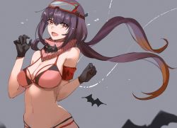 Rule 34 | 1girl, bare arms, bare shoulders, bat (animal), bat wings, bikini, black gloves, black hair, blush, breasts, eyebrows hidden by hair, eyewear on head, fate/grand order, fate (series), gloves, hair between eyes, highres, hoshi rasuku, long hair, looking at viewer, open mouth, osakabehime (fate), osakabehime (swimsuit archer) (fate), osakabehime (swimsuit archer) (second ascension) (fate), red eyes, scarf, solo, stomach, swimsuit, twintails, wings