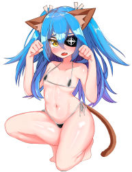 Rule 34 | 1girl, absurdres, animal ears, barefoot, bikini, blue hair, blush, cat ears, cat girl, cat tail, eyepatch, fang, flat chest, full body, hair between eyes, hair ribbon, highres, jjehong, kneeling, last origin, long hair, lrl (last origin), micro bikini, open mouth, paw pose, print eyepatch, ribbon, simple background, solo, swimsuit, tail, two side up, white background, yellow eyes