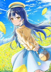 Rule 34 | 1girl, absurdres, aqua dress, aqua skirt, arms behind back, artist name, artist request, bag, bare legs, blue bow, blue hair, blue sky, blush, bow, bowtie, breasts, brown eyes, buttons, cloud, collarbone, day, dress, falling leaves, feathers, female focus, field, floating hair, flower, flower field, from behind, hair between eyes, handbag, hat, hat bow, highres, holding, holding handbag, leaf, leaves, long hair, long sleeves, looking at viewer, looking back, love live!, love live! school idol festival, love live! school idol festival all stars, love live! school idol project, miniskirt, outdoors, parted lips, plaid, plaid dress, plaid skirt, pleated, pleated dress, pleated skirt, skirt, sky, smile, solo, sonoda umi, spring breeze (love live!), sweater, wavy hair, white feathers, white hat, white sweater, yellow eyes, yellow leaves