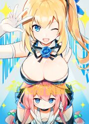 2girls ;d absurdres arm_up black_ribbon black_thighhighs blonde_hair blue_eyes blue_flower blue_rose blue_skirt breast_rest breasts breasts_on_head cleavage crossover elbow_gloves flower gloves hair_between_eyes hair_bobbles hair_ornament highres hinata_channel large_breasts long_hair low_twintails mirai_akari mirai_akari_(1st_costume) mirai_akari_project multiple_girls nekomiya_hinata ninahachi one_eye_closed open_mouth pink_hair pleated_skirt ribbon rose side_ponytail skirt small_breasts smile tank_top thighhighs twintails very_long_hair virtual_youtuber white_gloves white_tank_top