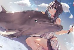 Rule 34 | 1girl, :d, ahoge, animal, bare arms, bare shoulders, black hair, blue eyes, blue sky, blurry, blurry foreground, blush, cloud, commentary request, day, depth of field, dolphin, fingernails, hair between eyes, highres, holding, kneehighs, open mouth, original, outdoors, pleated skirt, revision, sidelocks, sitting, skirt, sky, smile, socks, solo, soranagi yuki, tank top, wariza, water, white skirt, white socks, white tank top