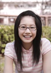 Rule 34 | 1girl, asian, bangs pinned back, black hair, blurry, depth of field, facing viewer, glasses, highres, looking at viewer, model request, outdoors, photo (medium), shirt, short sleeves, smile, solo, striped clothes, striped shirt, tagme
