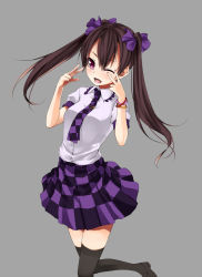 Rule 34 | 1girl, black thighhighs, bracelet, brown hair, checkered clothes, checkered skirt, female focus, finger to face, grey background, hair ribbon, hands on own face, himekaidou hatate, jewelry, necktie, one eye closed, open mouth, purple eyes, ribbon, shirt, simple background, skirt, smile, solo, thighhighs, touhou, twintails, unasaka ryou, wink, wristband, zettai ryouiki