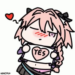Rule 34 | 1boy, androgynous, animated, animated gif, astolfo (fate), blush, fate/grand order, fate (series), heart, heart-shaped pupils, lowres, one eye closed, panties, pantyshot, seseren, symbol-shaped pupils, trap, underwear, wink, yes-no pillow