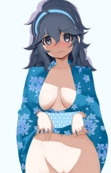 Rule 34 | 1girl, ahoge, alternate breast size, alternate costume, alternate hairstyle, black hair, blue hairband, blush, breasts, cleavage, clothes lift, collarbone, commentary request, creatures (company), facing viewer, game freak, grey eyes, hair between eyes, hairband, hex maniac (pokemon), highres, lifting own clothes, long hair, looking at viewer, makoto daikichi, navel, nintendo, no bra, npc trainer, out-of-frame censoring, parted lips, pokemon, pokemon xy, pussy, pussy peek, raised eyebrows, simple background, solo, standing, white background