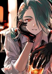 Rule 34 | 1girl, ahoge, androgynous, black gloves, black necktie, blurry, blurry background, bright pupils, collared shirt, creatures (company), cup, drink, drinking glass, ear piercing, earrings, elbow rest, game freak, glint, gloves, green eyes, hair over one eye, head on hand, highres, holding, holding cup, jewelry, long hair, looking at viewer, low ponytail, necktie, nintendo, nori (oonori san), one eye covered, parted lips, piercing, pokemon, pokemon sv, ponytail, red eyes, reverse trap, rika (pokemon), second-party source, shirt, sleeves rolled up, smile, solo, suspenders, swept bangs, upper body, white pupils, white shirt