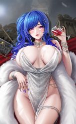 Rule 34 | 1girl, azur lane, bag, blue hair, blue nails, blush, bracelet, breasts, breasts apart, cleavage, cocktail dress, covered erect nipples, cowboy shot, cup, curvy, dress, drinking glass, evening gown, feather boa, groin, hair ornament, handbag, highres, huge breasts, jewelry, lipstick, looking at viewer, makeup, nail polish, necklace, parted lips, purple eyes, revealing clothes, ring, see-through, shiny clothes, shiny skin, sidelocks, silver dress, solo, st. louis (azur lane), st. louis (luxurious wheels) (azur lane), thick thighs, thigh strap, thighs, tsuki no i-min, wallet, wide hips, wine glass