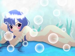 Rule 34 | 1girl, blue hair, blush, breasts, bubble, censored, convenient censoring, female focus, hair over breasts, highres, legs folded, long hair, lying, nude, on side, purple eyes, purple hair, small breasts, solo, wallpaper