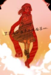Rule 34 | 1girl, additional memory (vocaloid), arms at sides, blurry, blurry foreground, closed eyes, closed mouth, cloud, commentary, enpera, expressionless, facing viewer, floating hair, floating scarf, fringe trim, full body, gradient sky, hair between eyes, hair ornament, hairclip, highres, kagerou project, loafers, long hair, long scarf, long sleeves, mekakucity actors, midair, mokemoke chan, neckerchief, orange sky, outdoors, pink sky, pleated skirt, red scarf, sailor collar, scarf, school uniform, serafuku, shoes, skirt, sky, socks, solo, song name, sunset, tateyama ayano, vocaloid