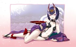 Rule 34 | 1girl, :d, alcohol, ankle ribbon, arm up, barefoot, barefoot sandals (jewelry), black gloves, blush, bow, breasts, bridal gauntlets, cup, eyebrows, fang, fate/grand order, fate (series), feet, full body, gloves, gradient background, hair between eyes, hair ornament, holding, horns, japanese clothes, jewelry, kazuma muramasa, kimono, leg ribbon, looking at viewer, lying, navel, no shoes, off shoulder, on side, oni, open clothes, open kimono, open mouth, petals, projected inset, purple eyes, purple hair, red bow, revealing clothes, ribbon, rooftop, sakazuki, sake, short hair, shuten douji (fate), shuten douji (first ascension) (fate), skin-covered horns, small breasts, smile, solo, stomach, toeless legwear, toes