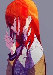 Rule 34 | 1girl, breast pocket, brown jacket, closed mouth, commentary request, dress shirt, expressionless, grey background, hair over eyes, highres, huke, jacket, long hair, looking at viewer, makise kurisu, necktie, open clothes, open jacket, orange hair, pocket, purple eyes, red hair, red necktie, shirt, simple background, solo, steins;gate, upper body, white shirt