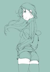 Rule 34 | 1girl, ass, bad artstreet id, bad id, bag, blee, floating hair, from side, green theme, gym shorts, hands in pockets, highres, long hair, looking at viewer, looking back, mole, mole under eye, monochrome, open mouth, original, ribbed sweater, shorts, shoulder bag, simple background, solo, sweater, thighhighs, thighs, turtleneck, turtleneck sweater, twisted torso