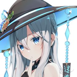 Rule 34 | 1girl, absurdres, black gloves, blue eyes, blue flower, braid, bridal gauntlets, crossed bangs, detached collar, finger to mouth, fingernails, flower, gem, gloves, hat, hat flower, highres, long hair, looking at viewer, simple background, solo, talisman, tomoshibi no majo, two-sided fabric, two-sided headwear, upper body, white background, white hair, witch hat, yellow flower