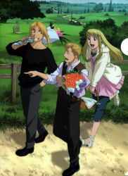 Rule 34 | 1girl, 2boys, alphonse elric, artist request, basket, beige hoodie, black footwear, black pants, black shirt, blonde hair, blouse, blue eyes, blue sky, bouquet, brown vest, bush, carrying over shoulder, clenched teeth, cloth, collarbone, collared shirt, day, denim, dress shirt, ear piercing, earrings, edward elric, facing viewer, feet up, fence, fingernails, floating hair, flower, from above, from side, full body, fullmetal alchemist, grass, grin, hand in pocket, highres, holding, holding basket, holding bouquet, hood, hood down, hoodie, horizon, index finger raised, jeans, jewelry, leaf, long hair, looking afar, looking at another, looking back, mountain, mountainous horizon, multiple boys, nature, official art, open mouth, orange flower, outdoors, outstretched hand, pants, path, piercing, pink shirt, pointing, profile, purple flower, road, rose, running, sandals, shadow, shirt, shoes, sky, sleeves rolled up, smile, standing, standing on one leg, swept bangs, tareme, teeth, toenails, tombstone, tree, v arms, vest, walking, white flower, white footwear, white rose, white shirt, winry rockbell, wooden fence, yellow eyes