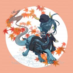 Rule 34 | 1boy, ahoge, animal ears, antlers, autumn leaves, black hat, black pants, black vest, blue hair, blue scales, bowler hat, cane, centauroid, chibi, claws, collared jacket, dragon boy, dragon tail, fang, full body, fur-tipped tail, gloves, green eyes, green necktie, hair over one eye, hair over shoulder, hand in pocket, hat, highres, holding, holding cane, horns, jacket, long hair, long sleeves, long tail, looking to the side, low-tied long hair, male focus, monster boy, multicolored background, necktie, open mouth, orange background, original, pants, ripples, scales, skin fang, slit pupils, solo, standing, striped clothes, striped pants, suit jacket, t o illustvs, tail, taur, twitter username, very long hair, vest, walking, white background, white gloves