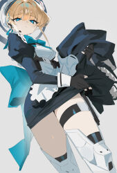 Rule 34 | 1girl, absurdres, apron, armored boots, black dress, black gloves, blonde hair, blue archive, blue eyes, boots, bow, bowtie, breasts, bun cover, closed mouth, dress, fingerless gloves, gloves, grey background, hair between eyes, hair bun, halo, headset, highres, juliet sleeves, long sleeves, medium breasts, mitsuki3s kir, puffy sleeves, simple background, single hair bun, solo, thigh boots, thigh strap, toki (blue archive), white apron