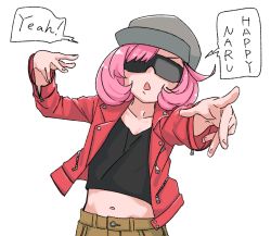 Rule 34 | 1girl, ahoge, asymmetrical bangs, ayase naru, black shirt, brown pants, cabbie hat, catchphrase, collarbone, collared jacket, commentary, crop top, english text, facing viewer, foreshortening, grey hat, hair strand, hat, hip hop, hizirinne, jacket, kiratto pri chan, midriff, nail polish, navel, open mouth, pants, pink nails, pointing, pointing at viewer, pretty rhythm, pretty rhythm rainbow live, pretty series, red jacket, shiawase naru, shirt, short hair, simple background, solo, speech bubble, stomach, sunglasses, triangle mouth, upper body, white background, zipper