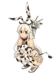 Rule 34 | 10s, 1girl, :3, animal ears, animal print, bad id, bad pixiv id, bare shoulders, bell, black eyes, black panties, blonde hair, blurry, blush, cow ears, cow print, cow tail, cowbell, crossed arms, depth of field, elbow gloves, gloves, hair bell, hair ornament, hairband, highleg, highleg panties, kantai collection, long hair, looking at viewer, onsen nakaya, panties, rensouhou-chan, shimakaze (kancolle), simple background, skirt, solo, squatting, tail, thighhighs, underwear, white background, zettai ryouiki