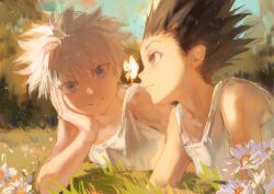 Rule 34 | 2boys, blue eyes, bug, butterfly, commentary request, flower, gon freecss, hand on own face, highres, hunter x hunter, insect, killua zoldyck, looking at animal, male focus, morning, multiple boys, on grass, outdoors, painting (medium), scenery, spiked hair, tank top, teeth, traditional media, yu 333o