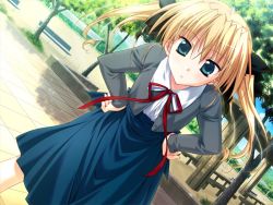 Rule 34 | 1girl, asaba yuu, aster (game), blonde hair, blue eyes, dutch angle, game cg, hands on own hips, long hair, non-web source, odamaki hina, park, solo, twintails