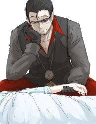 Rule 34 | 1boy, bed, beryl gut, black gloves, facial hair, fate/grand order, fate (series), formal, glasses, gloves, hair slicked back, head rest, holding hands, jewelry, kankan33333, male focus, pendant, smile, suit, white background