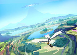 Rule 34 | 1boy, bird, black jacket, black pants, brown footwear, commentary request, creatures (company), day, flying, from above, game freak, gliding, haru akira, highres, hill, hisuian braviary, jacket, lake, male focus, mountain, nintendo, outdoors, pants, pokemon, pokemon (creature), pokemon legends: arceus, red scarf, rei (pokemon), scarf, shoes, sky, water