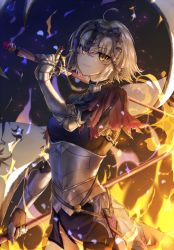 Rule 34 | 1girl, ahoge, armor, bad id, bad pixiv id, banner, blonde hair, breasts, cowboy shot, fate/grand order, fate (series), gauntlets, headpiece, hm (wonhml), holding, holding sword, holding weapon, jeanne d&#039;arc (fate), jeanne d&#039;arc alter (avenger) (fate), jeanne d&#039;arc alter (fate), looking at viewer, medium breasts, pixiv fate/grand order contest 2, short hair, slit pupils, smile, solo, standing, sword, weapon, yellow eyes