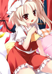 Rule 34 | 1girl, absurdres, ascot, bed, blonde hair, blouse, blush, female focus, flandre scarlet, has bad revision, has downscaled revision, hat, highres, md5 mismatch, mob cap, nanpuu, red eyes, resolution mismatch, shirt, sitting, solo, source smaller, touhou, white hat, white shirt, yellow ascot