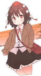 Rule 34 | 1girl, absurdres, bag, black hair, black skirt, brown bag, brown jacket, buttons, collared shirt, cropped legs, hand in pocket, hat, highres, jacket, kamotsu yasai, long sleeves, looking at viewer, neck ribbon, open mouth, pom pom (clothes), red eyes, red hair, red hat, red ribbon, ribbon, shameimaru aya, shirt, short hair, shoulder bag, skirt, tokin hat, touhou, white background, white shirt