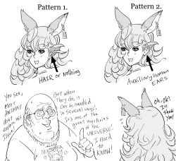 Rule 34 | 1boy, animal ears, bald, bb (baalbuddy), commentary, curly hair, earrings, english commentary, english text, extra ears, fat, fat man, ferry (granblue fantasy), flying sweatdrops, granblue fantasy, greyscale, highres, index finger raised, jewelry, long hair, monochrome, original, otaku, shirt, short sleeves, simple background, t-shirt, white background