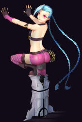 Rule 34 | 1girl, absurdres, ass, mismatched irises, back, bare shoulders, belt, black background, blue hair, boots, braid, breasts, bullet, gloves, halterneck, highres, jinx (league of legends), league of legends, long hair, looking back, pink eyes, sideboob, simple background, thighhighs, thighs, tongue, twin braids, very long hair, weapon, wlsz