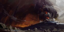 Rule 34 | absurdres, axelsauerwald, boulder, brush stroke, cloud, day, dust cloud, eruption, from below, glowing, highres, lava, no humans, original, outdoors, painterly, rock, scenery, smoke, volcanic ash, volcano