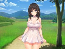 Rule 34 | 1girl, azuki yui, bare legs, bare shoulders, black hair, blue eyes, blush, breasts, character request, cloud, cowboy shot, day, dress, grass, head tilt, highres, house, kyonyuu inaka musume to sugosu ecchi na natsuyasumi, landscape, large breasts, legs, looking at viewer, medium hair, mountain, nature, no bra, outdoors, parted lips, sky, solo, standing, sundress, thighs, tree, white dress