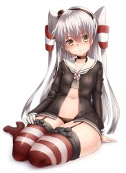 Rule 34 | 10s, 1girl, amatsukaze (kancolle), belly, black panties, blush, brown dress, brown eyes, buttons, choker, dress, garter straps, gloves, hair tubes, highres, kantai collection, keita (tundereyuina), lifebuoy, long hair, long sleeves, midriff, open clothes, open dress, panties, red thighhighs, sailor collar, sailor dress, short dress, silver hair, simple background, single glove, sitting, solo, striped clothes, striped thighhighs, swim ring, thighhighs, thighs, two side up, underwear, white background, white gloves, yokozuwari