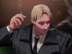 Rule 34 | 1boy, black coat, black necktie, blonde hair, chainsaw man, cigarette, coat, collared shirt, ear piercing, facial hair, highres, holding, holding cigarette, ikanyoikanikan, kishibe (chainsaw man), looking to the side, necktie, open mouth, piercing, shadow, shirt, short hair, smoke, smoking, solo, stubble, two-tone background, undercut, white shirt