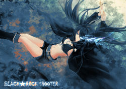Rule 34 | 10s, 1girl, arms up, belt, bikini, bikini top only, black hair, black rock shooter, black rock shooter (character), blue eyes, boots, breasts, chain, coat, female focus, front-tie top, glowing, glowing eyes, highres, irise5, jacket, long hair, navel, scar, shorts, solo, swimsuit, twintails, very long hair
