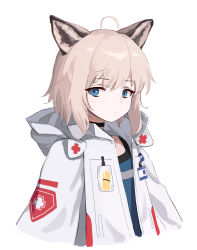 Rule 34 | 1girl, absurdres, ahoge, animal ear fluff, animal ears, arknights, blue eyes, blue shirt, brown hair, closed mouth, commentary request, cropped torso, ellu, hair between eyes, highres, hood, hood down, hooded jacket, jacket, open clothes, open jacket, shirt, simple background, solo, sussurro (arknights), upper body, white background, white jacket