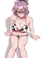 Rule 34 | 1girl, absurdres, animal print, aoba (kancolle), arm support, bikini, blue eyes, breasts, cleavage, collarbone, cow print, feet out of frame, highres, ikadamo, kantai collection, large breasts, messy hair, ponytail, purple hair, scrunchie, short hair, simple background, sitting, solo, swimsuit, white background, white bikini