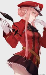 Rule 34 | 1girl, fate/grand order, fate (series), gloves, hair bun, hat, highres, looking at viewer, medb (alluring chief warden look) (fate), medb (fate), military, military uniform, pink hair, single hair bun, skirt, smile, solo, uniform, whip, white background, yellow eyes