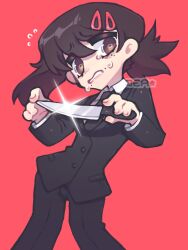 Rule 34 | 1girl, artist name, black jacket, black necktie, black pants, brown hair, chainsaw man, collared shirt, formal, frown, glint, hair ornament, hairclip, higashiyama kobeni, highres, holding, holding knife, jacket, jea (voltaej), knife, looking at viewer, medium hair, mole, mole under eye, mole under mouth, multiple moles, necktie, pants, parted lips, red background, shirt, shirt tucked in, short ponytail, simple background, single sidelock, solo, suit, suit jacket, sweat, white shirt