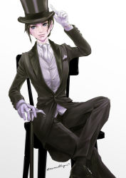 Rule 34 | ace attorney, black footwear, black hair, black hat, black pants, cane, chair, character request, crossed legs, formal, gloves, grey eyes, grey vest, hand up, hat, looking at viewer, pants, pocket square, shoes, sitting, solo, suit, susato mikotoba, the great ace attorney, the great ace attorney: adventures, top hat, vest, wakadori, white gloves