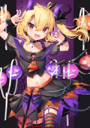 Rule 34 | 1girl, :d, ahoge, alternate costume, ascot, bat ornament, black bow, black skirt, blonde hair, bow, chain, choker, claw pose, collarbone, commentary request, cowboy shot, crop top, cross, dated, fangs, flandre scarlet, gunjou row, hair between eyes, hair bow, highres, horns, inverted cross, jack-o&#039;-lantern, looking at viewer, midriff, multicolored nails, nail polish, navel, no headwear, o-ring, o-ring choker, off-shoulder shirt, off shoulder, one side up, open mouth, orange ascot, orange skirt, red eyes, see-through, see-through sleeves, shirt, short hair, side ponytail, signature, silk, skirt, slit pupils, smile, solo, spider web, standing, striped clothes, striped thighhighs, thighhighs, touhou, v-shaped eyebrows, wrist cuffs