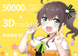 Rule 34 | 1girl, :d, ahoge, bare shoulders, black camisole, blush, brown hair, camisole, collarbone, double v, english text, fingernails, floral background, green eyes, hair between eyes, hair ribbon, hands up, hololive, jacket, looking at viewer, minamura haruki, natsuiro matsuri, natsuiro matsuri (1st costume), off shoulder, open mouth, orange jacket, pinstripe camisole, pinstripe pattern, puffy short sleeves, puffy sleeves, ribbon, short sleeves, side ponytail, sidelocks, simple background, smile, solo, striped ribbon, translation request, upper body, v, virtual youtuber, yellow background