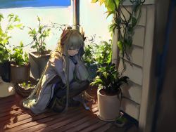 1girl absurdres arknights beach commission furioso grey_hair grey_pants highres jacket long_hair muelsyse_(arknights) pants pixiv_commission plant potted_plant solo squatting sunlight very_long_hair wall water white_jacket wooden_floor yellow_eyes