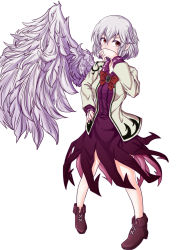 Rule 34 | 1girl, benizuwai, bow, bowtie, covering own mouth, dress, highres, jacket, kishin sagume, long sleeves, open clothes, purple dress, red eyes, shirt, short hair, silver hair, single wing, solo, touhou, wings
